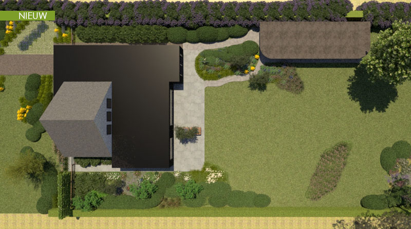 Tuin Van Heden gezinstuin met bijgebouw onder de bomen