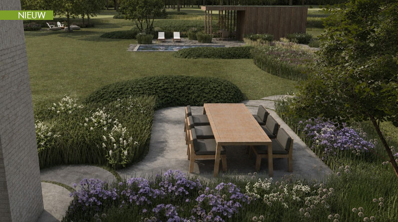 Tuin Van Heden zicht op wellnesszone met poolhouse